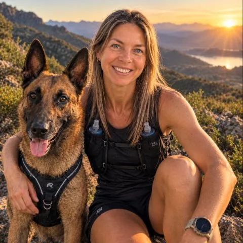 Debbie van der Linde on a mountain trail at sunset, with her dog