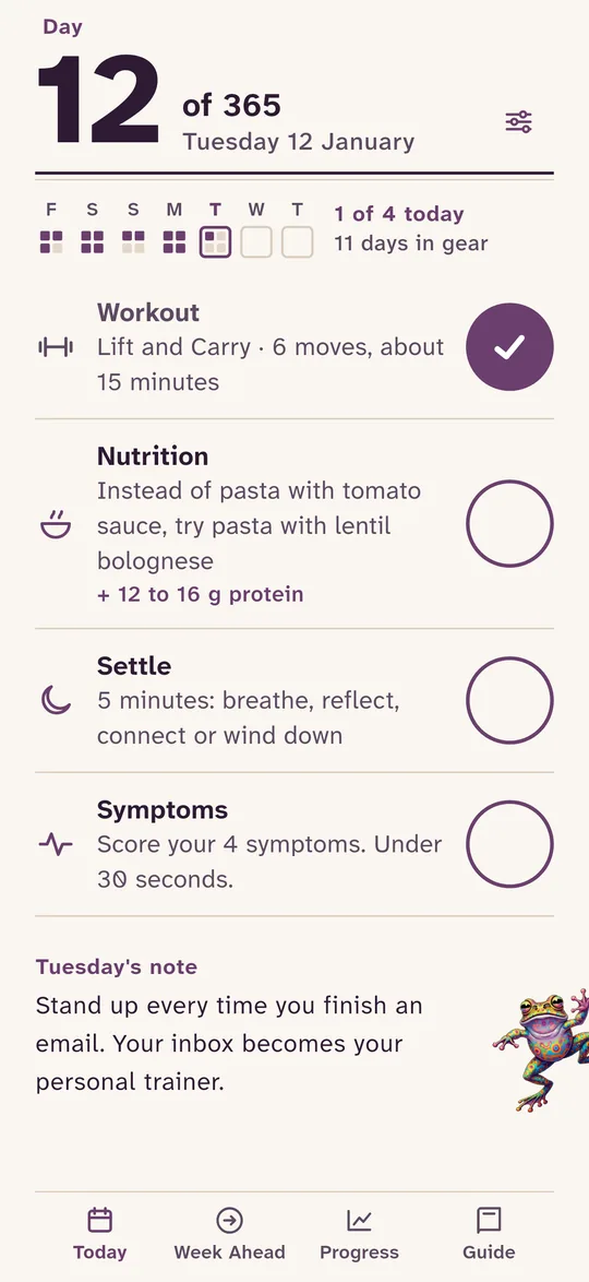 Second Gear's Today page: Day 12 of 365 with a workout, a food swap, five minutes to settle and symptom scores